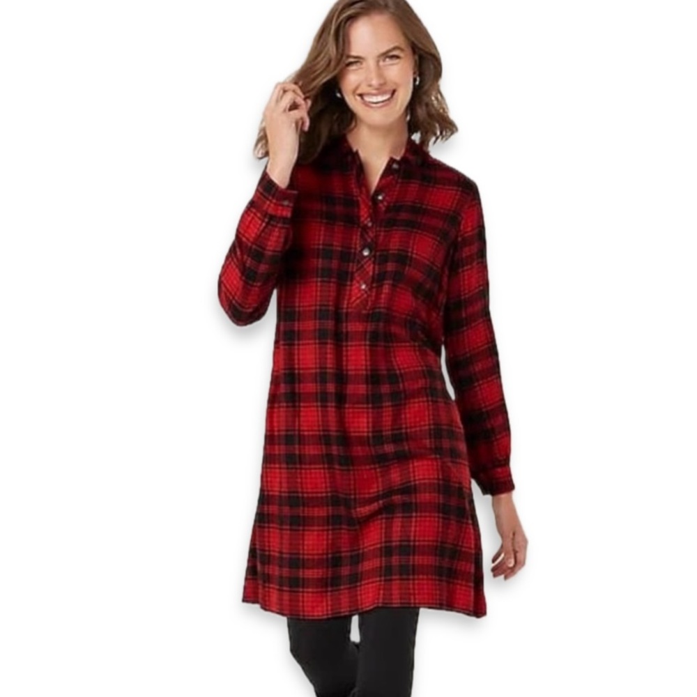 NWT J.Jill Red Black Plaid Tencel Shirt Dress XS Midi Fall